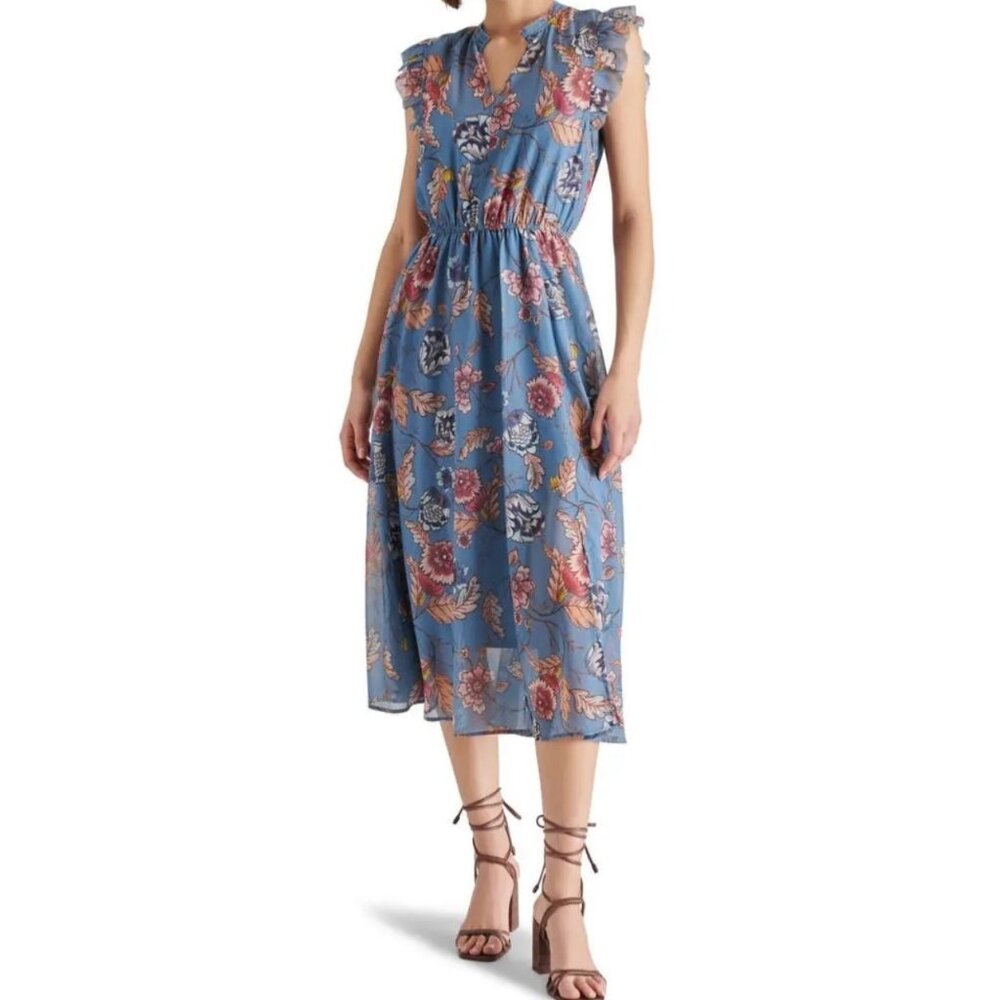 Steve Madden Allegra Floral Midi Dress Size M Cadet Blue
